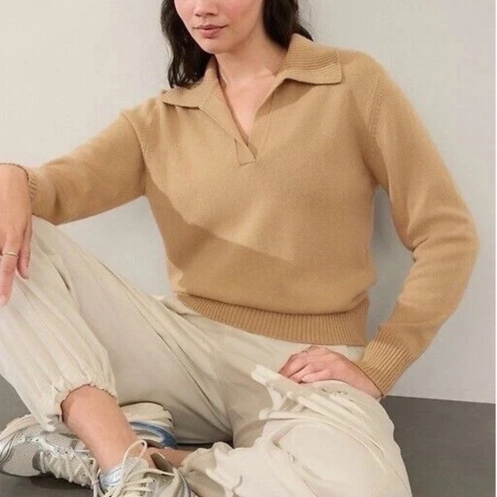 Athleta Merino Wool Cashmere Collared Sweater Tan Medium